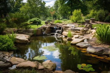 Fototapeta na wymiar backyard pond surrounded by lush greenery and natural stones, created with generative ai
