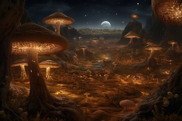  a group of mushrooms in a forest at night with a full moon.  generative ai