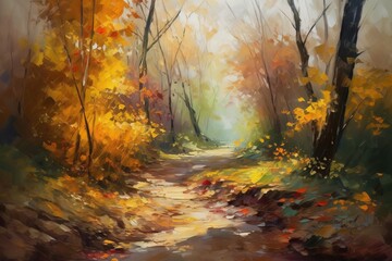  a painting of a path through a forest with yellow leaves.  generative ai