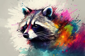  a raccoon with colorful paint splatters on it's face.  generative ai