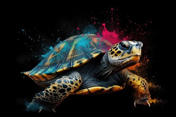 Fototapeta na wymiar a painting of a turtle with colored paint on its back. generative ai