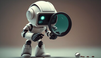 Mini robot with a magnifying glass searching for something. Based on Generative Ai.