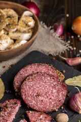 Sliced salami using pork meat with spices