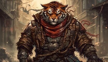 Fototapeta premium Tiger wearing jacket with anime watercolor art style. Based on Generative Ai.