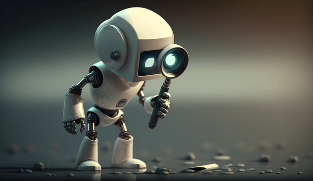 Mini robot with a magnifying glass searching for something. Based on Generative Ai.