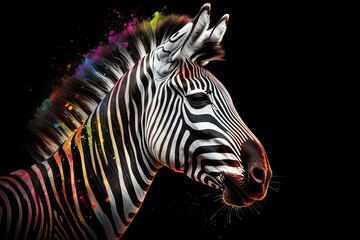  a zebra with its head turned to the side with a black background.  generative ai