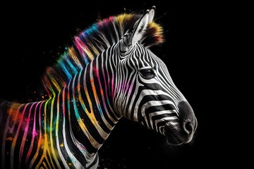  a zebra with multicolored stripes on it's face.  generative ai