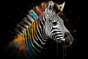 Fototapeta premium a zebra with colorful paint splatters on its face. generative ai