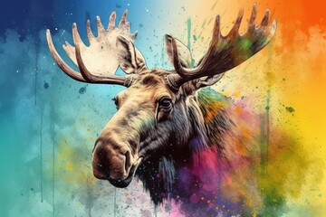  a painting of a moose's head with a multicolored background.  generative ai
