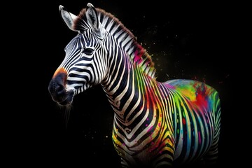 Fototapeta na wymiar a colorful zebra standing in the dark with a black background. generative ai