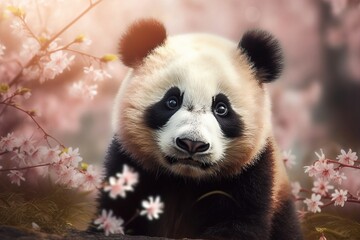  a panda bear is standing in a field of pink flowers.  generative ai