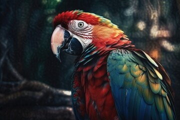  a colorful parrot sitting on top of a tree branch next to a forest.  generative ai