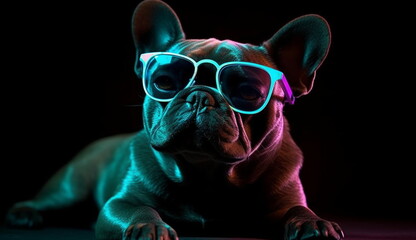 Portrait of Cool Bulldog wearing eye glasses. Based on Generative Ai.