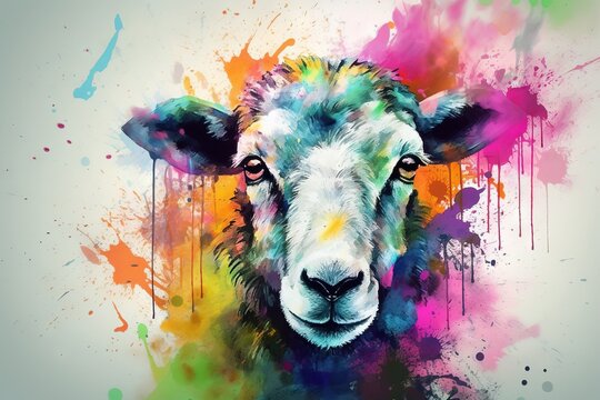  a sheep with a colorful paint splattered background is looking at the camera.  generative ai