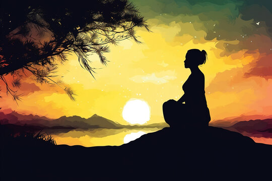 Silhouette of a woman meditating sitting in a lotus position in nature, relaxation at sunset or dawn. Female mental health, calmness, harmony, yoga concept. Generative AI illustration
