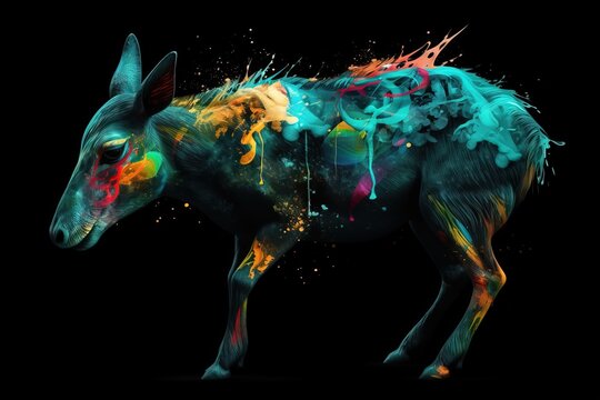  a colorful animal standing on a black background with paint splatters all over it.  generative ai