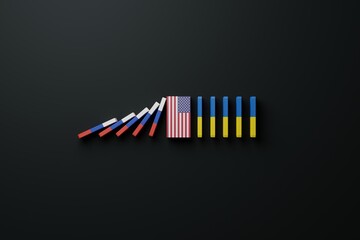 Dominoes with the flag of Russia and the flag of Ukraine, where Russia's bricks are held back by the US flag. The concept of war caused by Russia, Russia's aggression in Ukraine. 3D render.