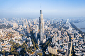 Fototapeta na wymiar Aerial shot of Zifeng Tower and city skyline in Nanjing, Jiangsu, China