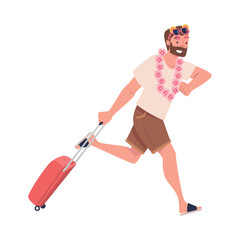 Young man with necklace of flowers running with suitcase. Tourist going on summer vacation trip cartoon vector illustration