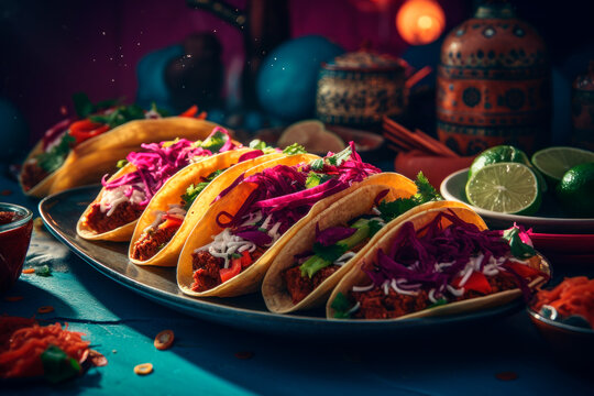 Tacos with purple coleslaw, tomatoes, parsley, lime and mayonnaise hot chili sauce on blue wooden table. Generative AI