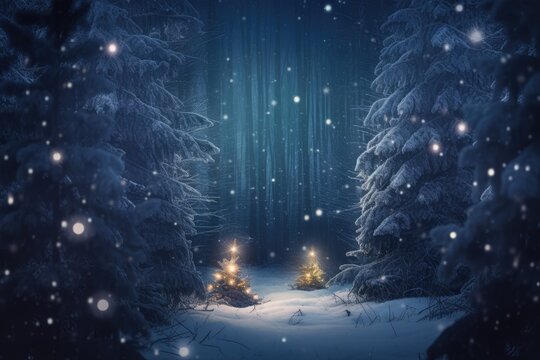 a magical forest with a towering fir tree, twinkling lights and snowflakes, created with generative ai