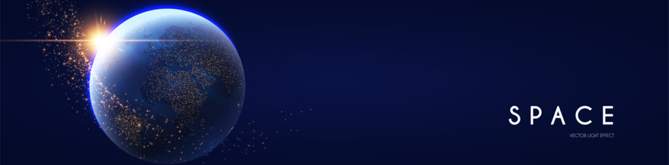 Space background. Universe, Earth planet and motion light. Futuristic design.