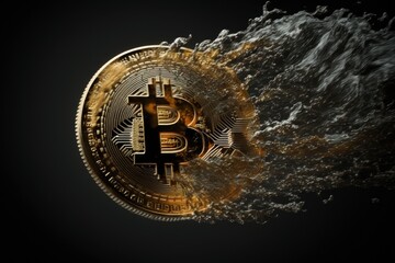 A gold Bitcoin hovers in midair on a dark background. Generative AI