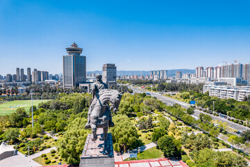 Chinggis Khan Square and city skyline aerial view of Hohhot, Inner Mongolia