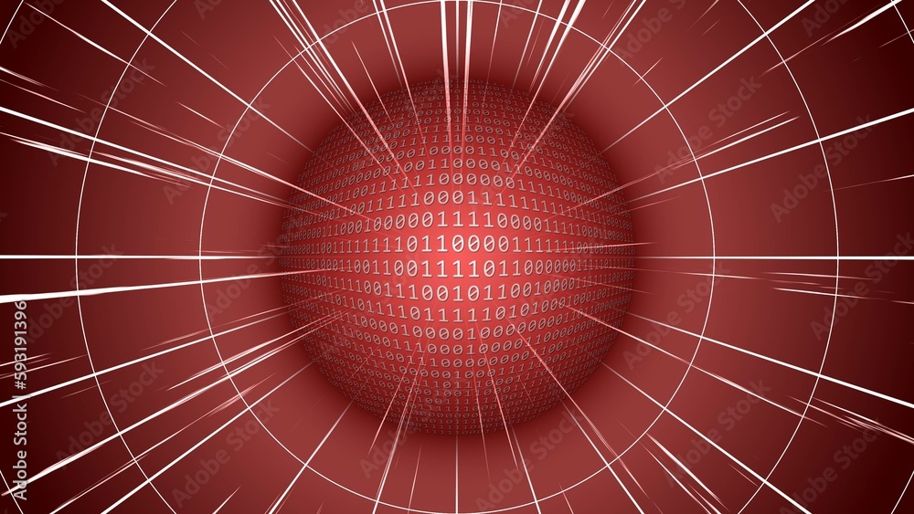 Poster bright sphere of binary code in red color - abstract illustration with stylized space rays and rings