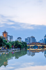 City night scenery of Anshun Bridge, Chengdu, Sichuan, China - obrazy, fototapety, plakaty