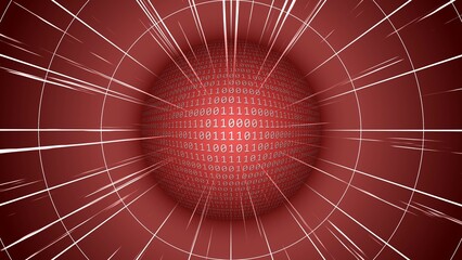 Bright sphere of binary code in red color - abstract illustration with stylized space rays and rings - science and technology concept - 3D Illustration