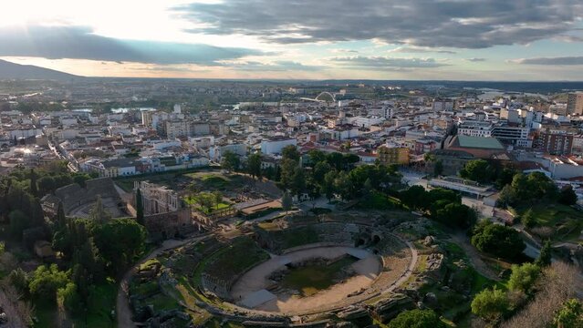 aerial view of old Roman Theatre of Merida spanish cultural icon landmark in Spain