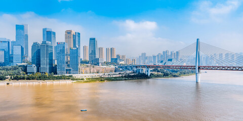 Fototapeta na wymiar City skyline scenery with tall buildings and Dongshuimen Bridge in Chongqing, China