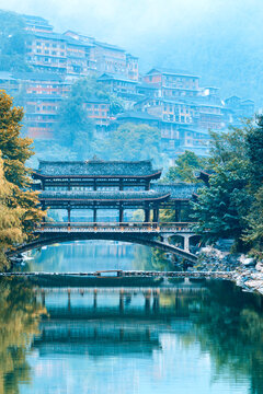 Scenery of Wind and Rain Bridge in Qianhu Miao Village, Xijiang, Guizhou, China
