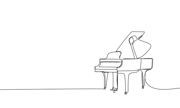 Grand piano one line art. Continuous line drawing of classical, musician, acoustic, piano, chord, antique, music, keyboard, concert, jazz, instrument, vintage, classic.