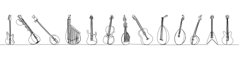 String musical instruments set one line art. Continuous line drawing of guitar, kozobas, kobza, bandura, lute, sitar, violin, cello, contrabass, electric, melody, rock, plucked bass, traditional.