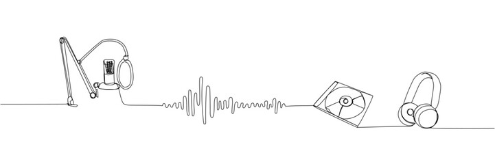 Audio recording set one line art. Continuous line drawing of microphone and pop filter, musical, headphones, sd disk, music waves, broadcasting, karaoke, audio, retro, record, broadcast media