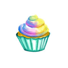 Watercolor and drawing for fresh sweet colorful rainbow cupcake igital painting of homemade bakery, dessert and food illustration.