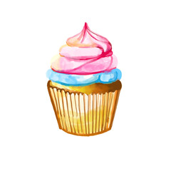 Watercolor and drawing for fresh sweet colorful rainbow cupcake igital painting of homemade bakery, dessert and food illustration.
