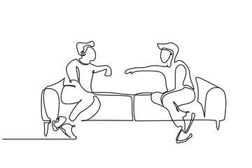 two friends relax sitting on sofa talking home sofa front view line art