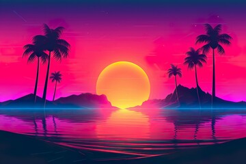 Obraz na płótnie Canvas A beautiful sunset on a beach with palm trees in synthwave style. Generative AI