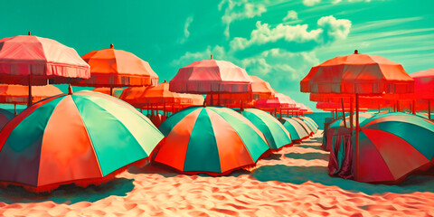 Fototapeta na wymiar beach umbrellas on an orange water background