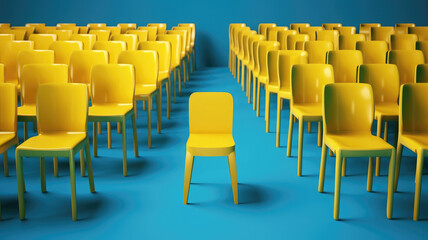 Yellow chair standing out from the crowd of blue chairs, isolated on blue background. recruitment hiring concept, Business concept
