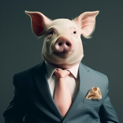 Funny pink pig wearing a business suit, AI generated