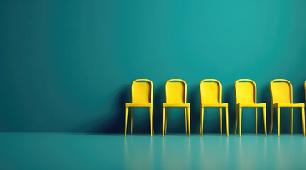 Yellow chair standing out from the crowd of blue chairs, isolated on blue background. recruitment hiring concept, Business concept
