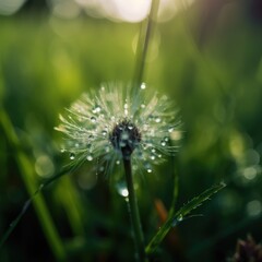 Beautiful wet dandelion morning in grass