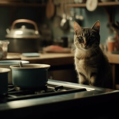 A Cat in a Domestic Kitchen