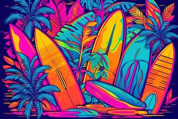  a painting of surfboards and palm trees in a tropical setting.  generative ai