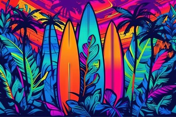 Fototapeta na wymiar a group of surfboards sitting on top of a lush green forest. generative ai