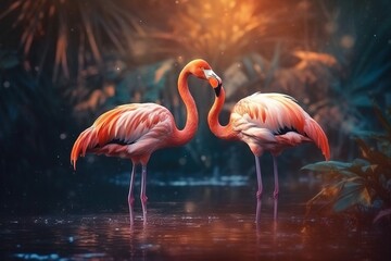  two flamingos standing in a body of water with trees in the background.  generative ai